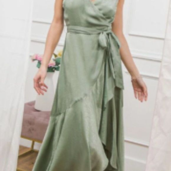 Solid Satin Midi Sage Dress - Picture 3 of 4